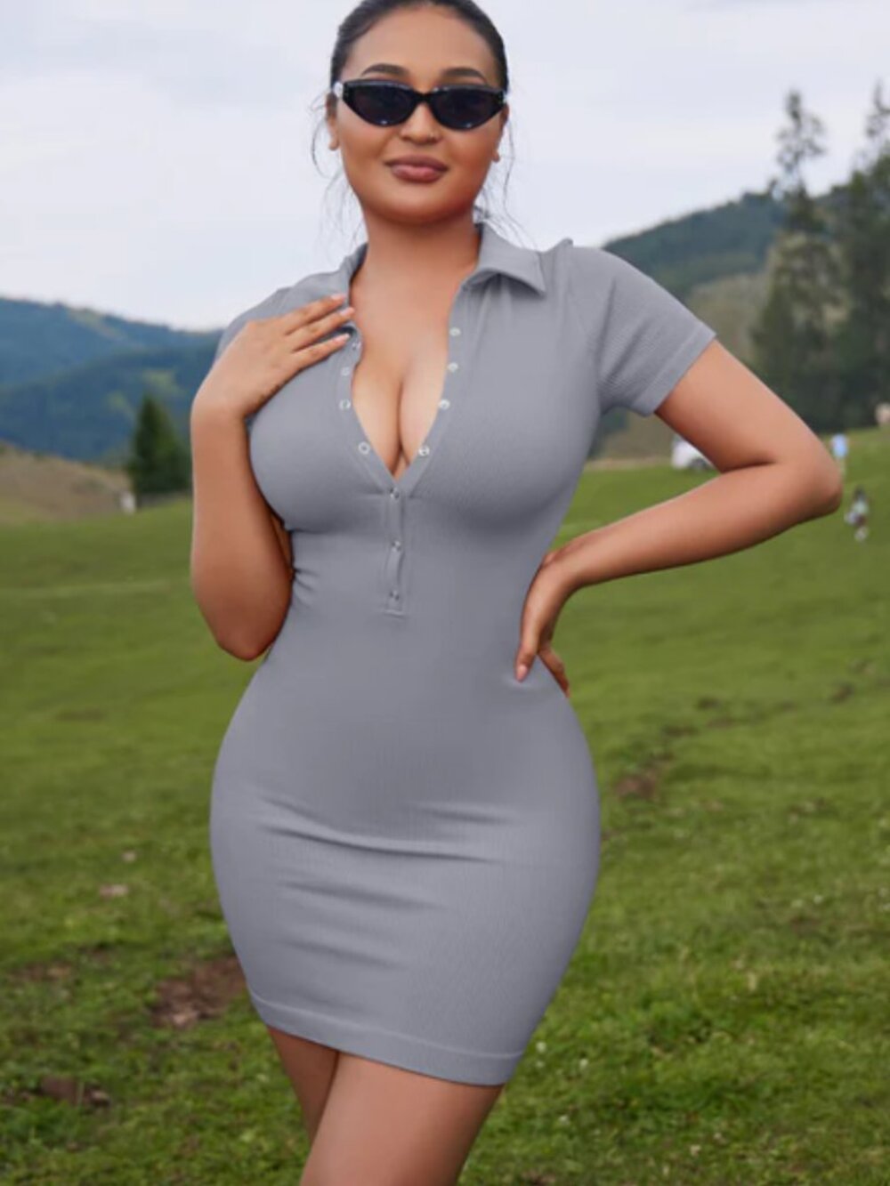 OQQ Short Sleeve Mini Dress- Grey